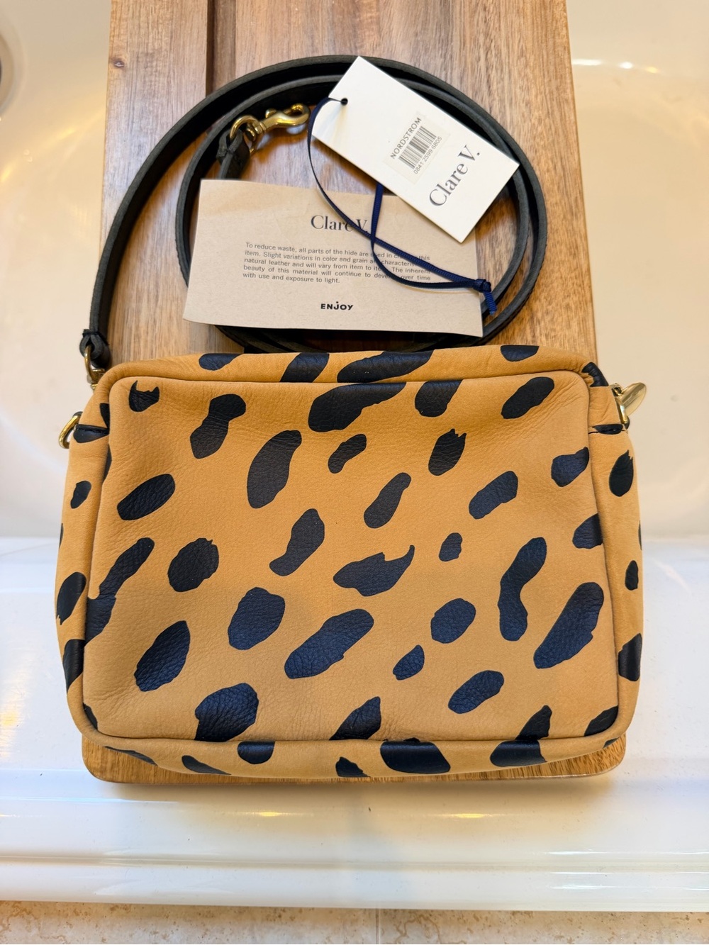 Clare V Tan Leopard-Print Leather Crossbody Bag with Black Spots